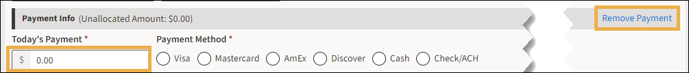 Payment Information section with yellow highlight box around the Remove Payment and Today's Payment textbox.